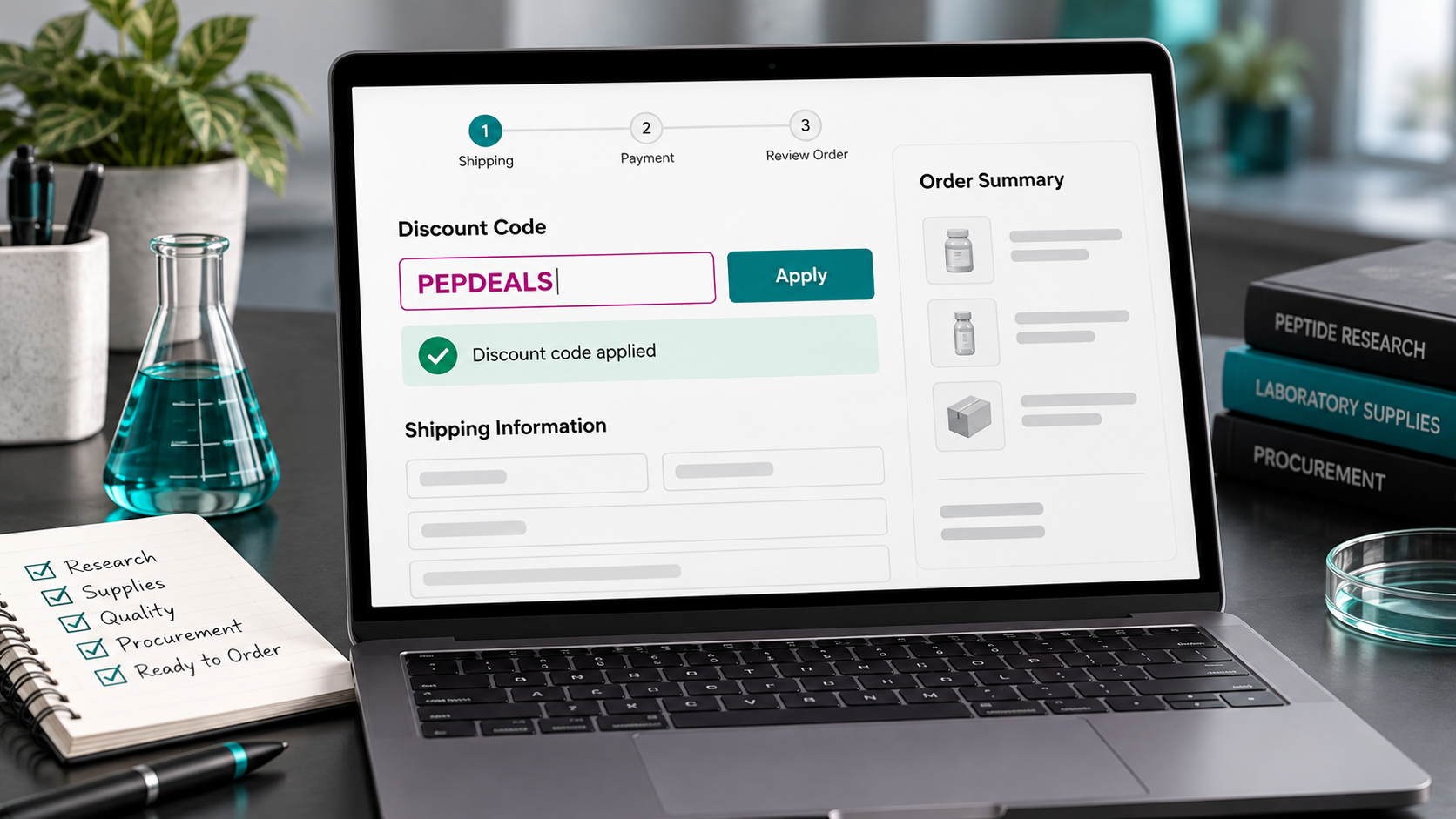 Illustrated laptop checkout showing PEPDEALS in the discount field and a confirmation message beside laboratory supplies.
